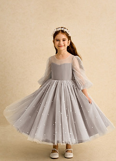 Azazie Trudy Flower Girl Dresses Taupe Ball-Gown Sweetheart Neckline Tulle Dress image5