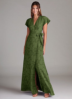 Azazie Ling Robes de demoiselle d'honneur Robe Trapèze en Blumen-Burnout Plissée Olive image3