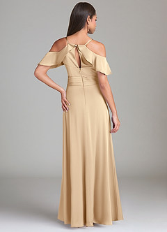Azazie Dakota Bridesmaid Dresses Champagne A-Line Off the Shoulder Stretch Satin Dress image2