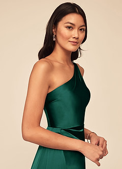 Azazie Maron Bridesmaid Dresses Emerald A-Line One Shoulder Stretch Satin Dress image5
