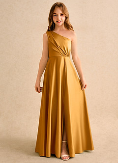 Azazie Puddles Girls Formal vestidos de niña de las flores Vestido de Caramelo de Satin Mate de Corte en A con Hombro unilateral image4