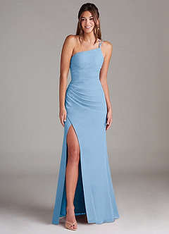 Azazie Eren Vestidos de damas de honor Vestido de Azul Pálido de Gasa de Corte Recto con Hombro unilateral image3