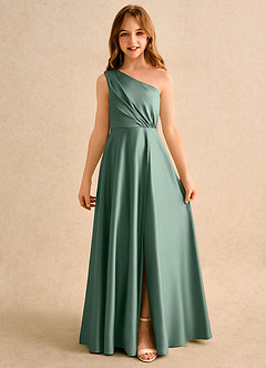 Azazie Puddles Girls Formal vestidos de niña de las flores Vestido de Eucalipto de Satin Mate de Corte en A con Hombro unilateral image4