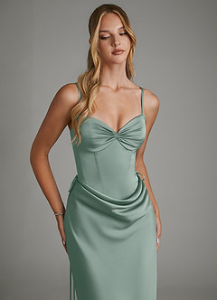 Azazie Natasha Vestidos de damas de honor Vestido Salvia Plateada de Satén Elástico de Corte Sirena con Corsé image3