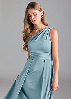 Azazie Dallas Robes de demoiselle d'honneur Robe Trapèze en Satin extensible Ue épaule Bleu Maussade image6