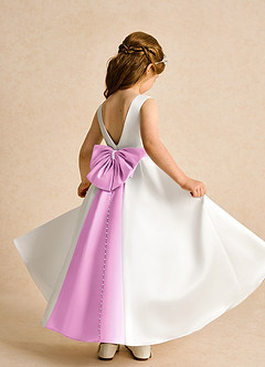 Azazie Cherry Flower Girl Dresses Ivory Candy Pink Ball-Gown Pleated Matte Satin Dress image4