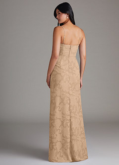 Azazie Maci Bridesmaid Dresses Champagne Sheath Pleated Floral Burnout Dress image2
