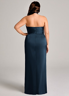 Azazie Jemma Vestidos de damas de honor Vestido Azul Marino Oscuro de Satén Elástico de Corte Recto con Plisado image9