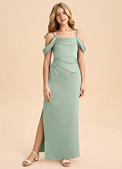 Azazie Saige Junior Robe Fourreau en Satin extensible Épaule décolletée Agave image3