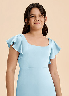 Azazie Demi Junior Vestido de Azul Cielo de Satén Elástico de Corte en A con Lazo image6
