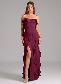 Azazie Malia Bridesmaid Dresses Mulberry A-Line Side Slit Stretch Satin Dress image3