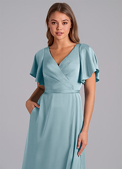 Azazie Ambrosia Robes de demoiselle d'honneur Robe Trapèze en Satin extensible Plissée Bleu Maussade image2