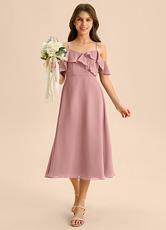 Azazie Kamilla Junior Vestido de Rosa Polvorienta de Gasa de Corte en A con Vestidos sin tirantes image4