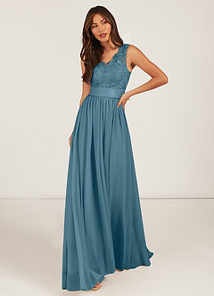 Azazie Gertrude Brautjungfernkleider A-Linie Spitze Chiffon Kleid Bermudablau image1