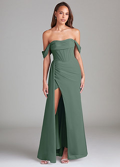 Azazie Amyra Bridesmaid Dresses Eucalyptus Sheath Off the Shoulder Chiffon Convertible Dress image1