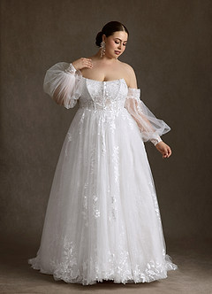 Azazie Elowyn Vestidos de novia Vestido Diamante Blanco de Encaje de Corte Princesa con Palabra de honor image4