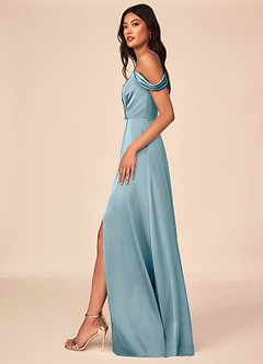 Azazie Ocean Bridesmaid Dresses Moody Blue A-Line V-Neck Pleated Stretch Satin Dress image3