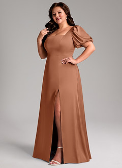 Azazie Fyona Bridesmaid Dresses Bronzer A-Line Pleated Stretch Satin Dress image12