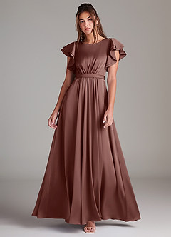 Azazie Daphne Robes de demoiselle d'honneur modestes Robe Trapèze Rayé Longueur ras du sol Satin extensible image1