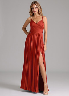 Azazie Vini Bridesmaid Dresses Rust A-Line Pleated Stretch Satin Dress image3