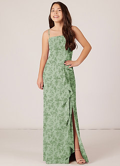 Azazie Kaylee Junior Jurk van Chiffon met A-Lijn met Riem Groene Varen Bloemen image4
