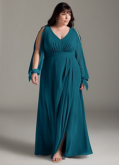 Azazie Matilda Final Sale Ink Blue A-Line Long Sleeve Chiffon Dress image14
