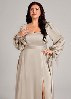 Azazie Leonia Vestidos de damas de honor Vestido de Escarcha de Satén Elástico de Corte en A con Manga larga image9