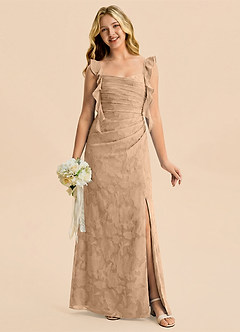 Azazie Jessamine Junior Vestido Champán de Devoré floral de Corte Sirena con Escote corazón image1