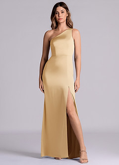 Azazie Philana Bridesmaid Dresses Gold A-Line One Shoulder Stretch Satin Dress image4