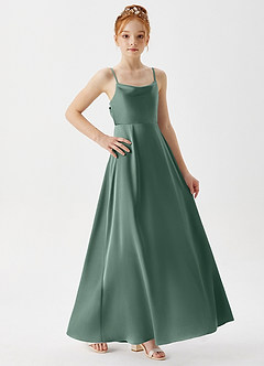 Azazie Shale Junior Eucalyptus A-Line Stretch Satin Dress image4