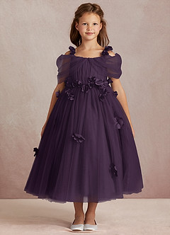 Azazie Shaylee Flower Girl Dresses Plum A-Line Off the Shoulder Tulle Dress image3