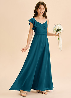 Azazie Kelsea Junior Vestido de Azul Tinta de Gasa de Corte en A con Volante image1