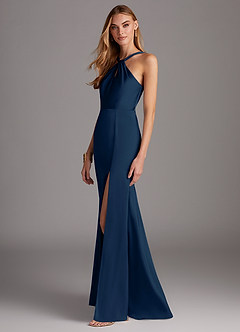 Azazie Elana Bridesmaid Dresses Dark Navy Sheath Side Slit Stretch Satin Dress image3