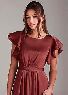 Azazie Daphne Modest Bridesmaid Dresses A-Line Ruched Stretch Satin Floor-Length Dress image5