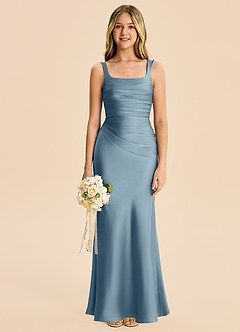 Azazie Lula Junior Dusty Blue Sheath Pleated Stretch Satin Dress image6