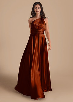 Azazie Charlize Bridesmaid Dresses Auburn A-Line One Shoulder Metallic Satin Dress image1