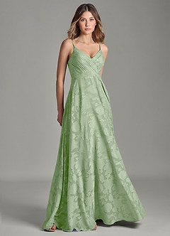 Azazie Amani 신부 들러리 드레스 A라인 주름진 플로럴 번아웃 바닥 길이 드레스 image1