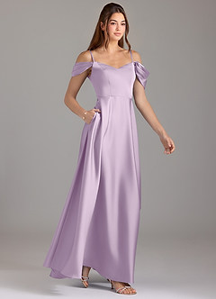 Azazie Marley Bridesmaid Dresses Frosted Lilac A-Line Off the Shoulder Stretch Satin Convertible Dress image4