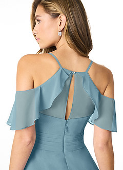 Azazie Dakota Abiti da Damigella Abito A-Line in Chiffon con Scollo a V a Pieghe Blu Lunatico image8