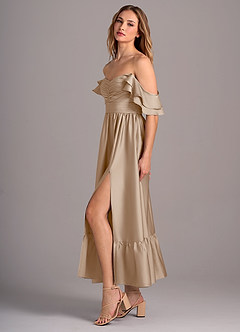 Azazie Anaya Robes de demoiselle d'honneur Robe Trapèze Convertible en Satin extensible Encolure en Forme de Cœur Taupe image4