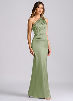 Azazie Akilah Robes de demoiselle d'honneur Robe Sirène en Satin extensible Une épaule Vert Sauge image3