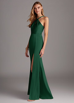 Azazie Elana Bridesmaid Dresses Dark Green Sheath Side Slit Stretch Satin Dress image3