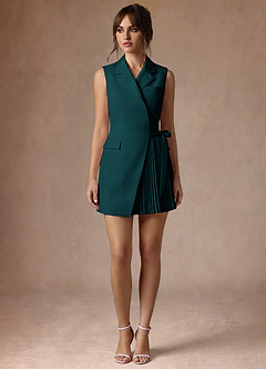 front Alina Pine Refined Weave Pleated Wrap Blazer Dress