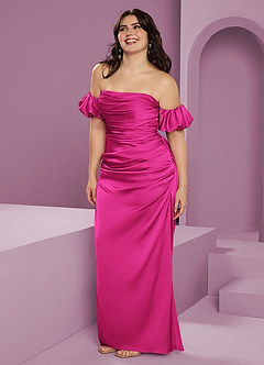 Barbie ♥ Azazie Bridesmaid Dresses Barbie Pink Sheath Off the Shoulder Stretch Satin Convertible Dress image14