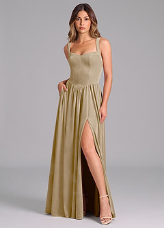 Azazie Francis Bridesmaid Dresses Golden Tan A-Line Corset Velvet Dress image3