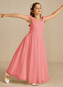 Azazie Chelle Blumenmädchenkleider A-Linie Plissee Chiffon Kleid Koralle image3