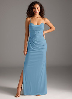 Azazie Mai Bridesmaid Dresses Steel Blue Sheath Pleated Mesh Dress image3