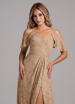 Azazie Dakota Bridesmaid Dresses Champagne A-Line Off the Shoulder Floral Burnout Dress image3