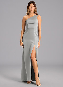 Azazie Phaedra 신부 들러리 드레스 A라인 한쪽 어깨 스트레치 새틴 바닥 길이 드레스 image1