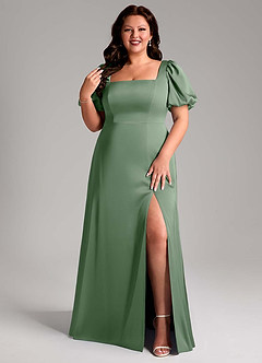 Azazie Fyona Bridesmaid Dresses Matcha A-Line Pleated Stretch Satin Dress image8